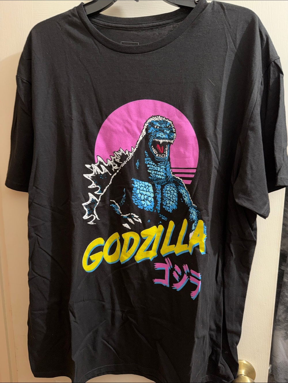 Godzilla Graphic Tee in Black with Pink & Blue Design-XL